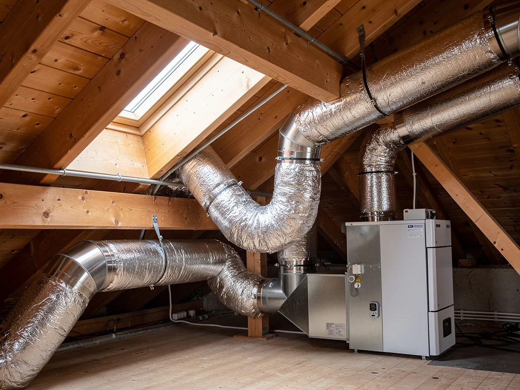 Gaines de distribution d'air chaud isolées passées dans les combles vers plusieurs pièces