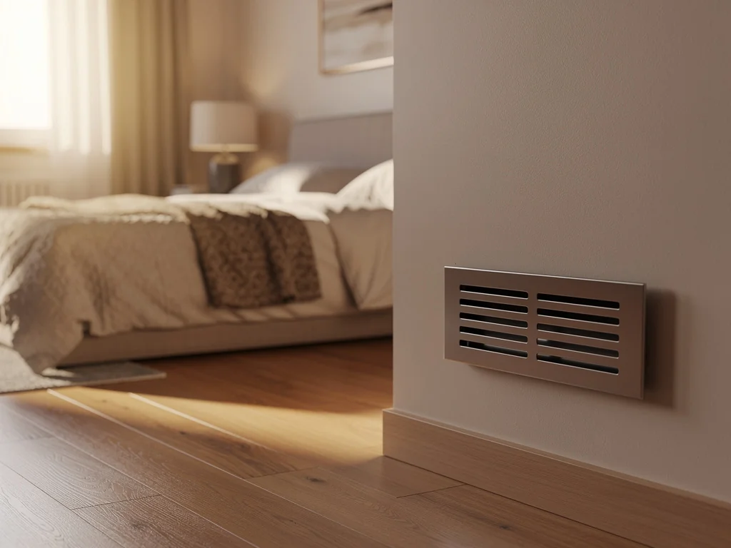 Grille de sortie d'air chaud dans une chambre, reliée au poêle canalisable